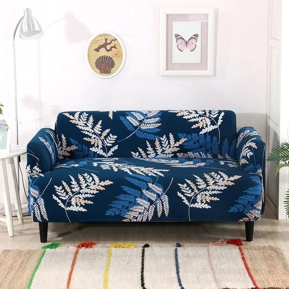 Blue White Fall Leaves Stretch Sofa Cover -
