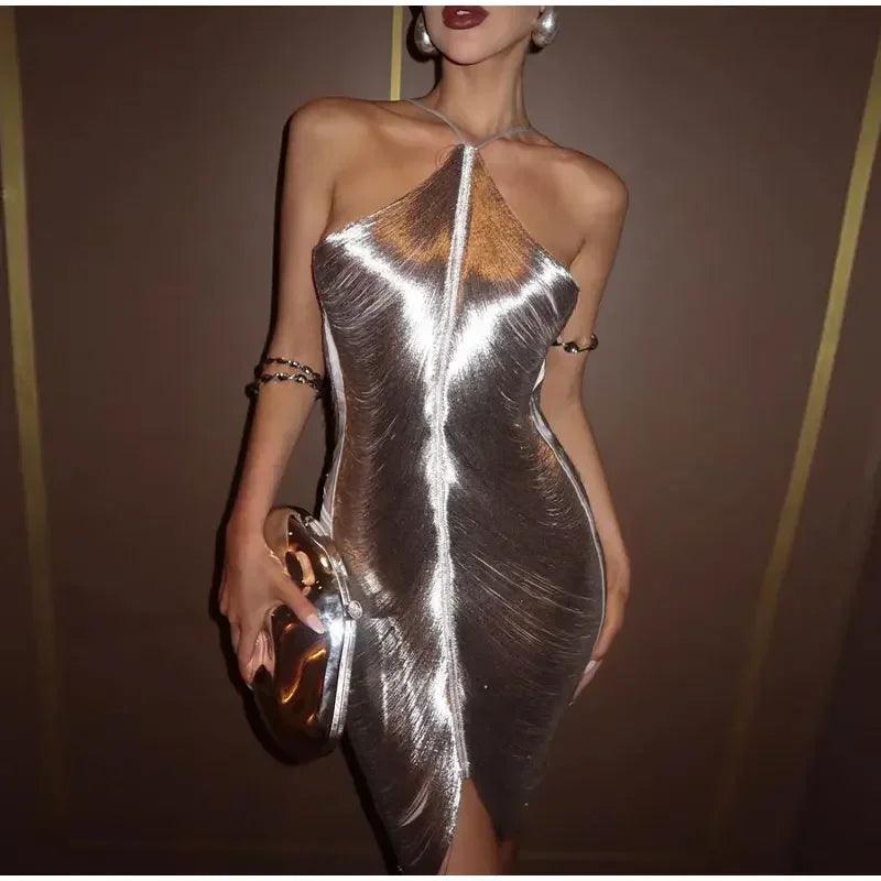 Glitz Gala Shimmer Sexy Hanging Neck Metallic Dress -