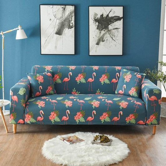 Blue Pink Flamingo's Tropical Flowers Stretch Sofa Couch Slip Cover - 