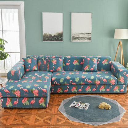 Blue Pink Flamingo's Tropical Flowers Stretch Sofa Couch Slip Cover