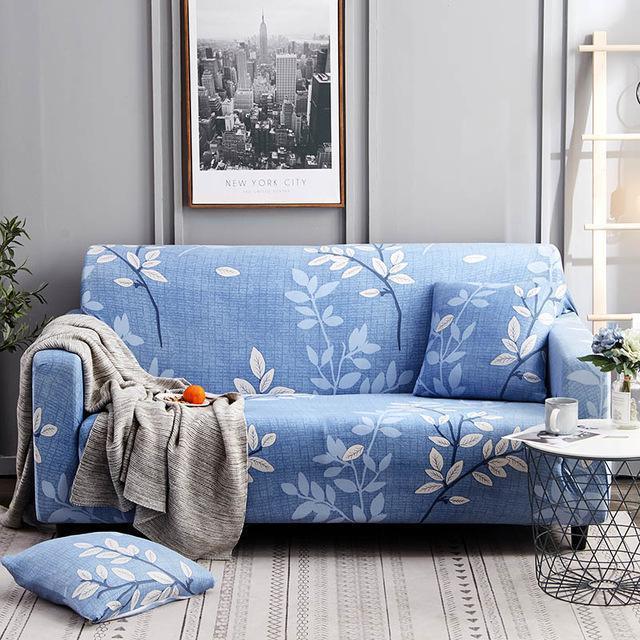 Blue Spring Leaves Stretch Sofa Slip Cover - 