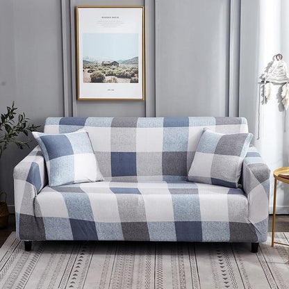 Blue White Beige Checkered Stretch Sofa Cover