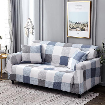 Blue White Beige Checkered Stretch Sofa Cover - 