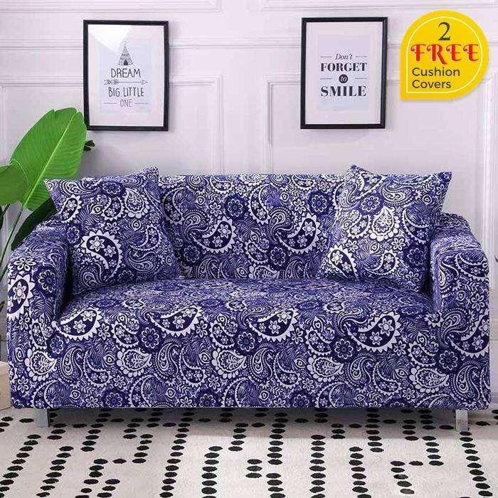 Blue White Paisley Pattern Stretch Sofa Slip Cover - 