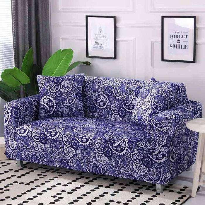 Blue White Paisley Pattern Stretch Sofa Slip Cover