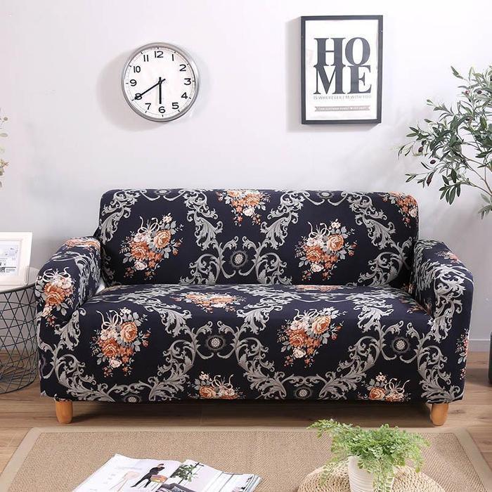 Bold Black Flower French Pattern Stretch Sofa Cover - 