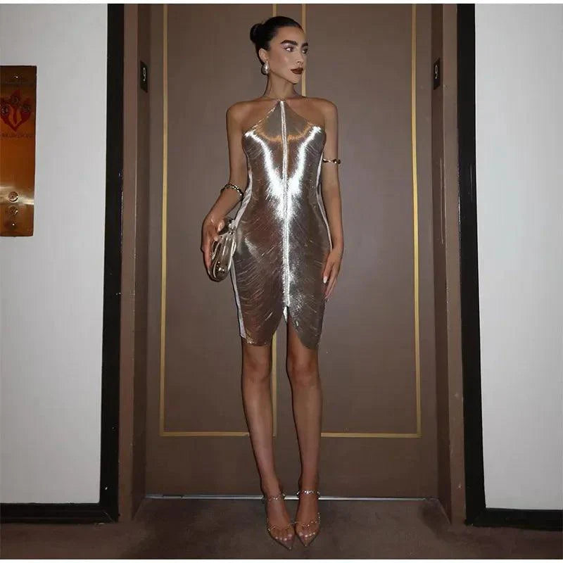 Glitz Gala Shimmer Sexy Hanging Neck Metallic Dress