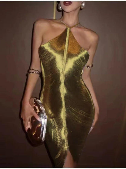 Glitz Gala Shimmer Sexy Hanging Neck Metallic Dress