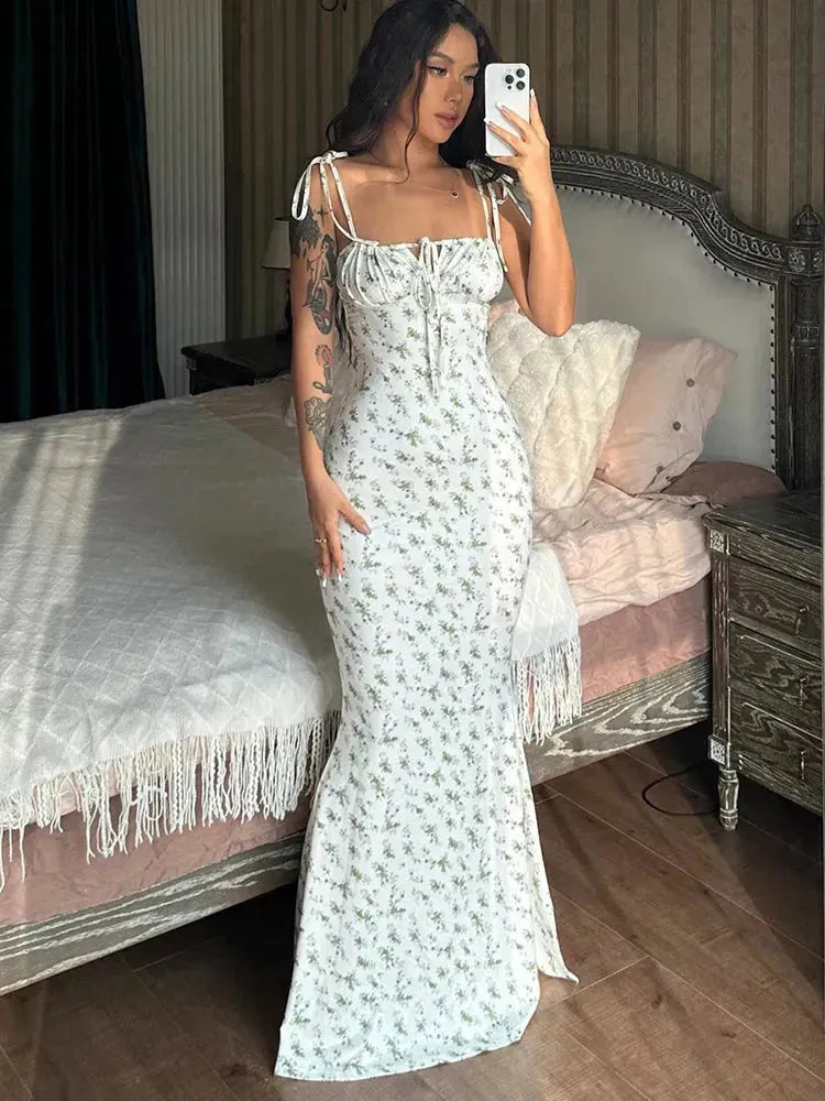 Summer Floral Lace-Up Maxi Dress