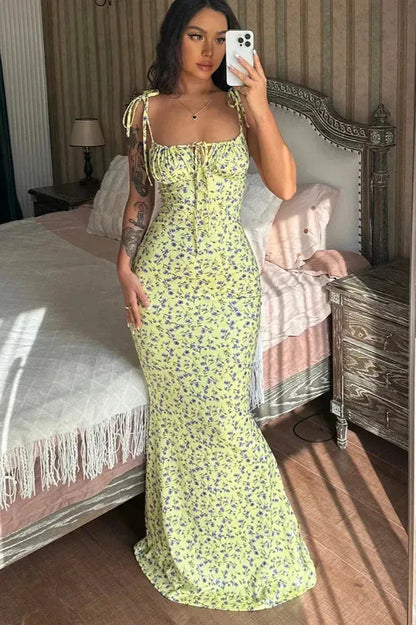 Summer Floral Lace-Up Maxi Dress