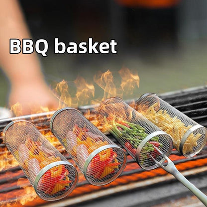 New Rolling Grilling BBQ Basket Stainless Steel Leakproof Mesh Barbecue Rack Outdoor Picnic Camping Simple Cylindrical BBQ Grill