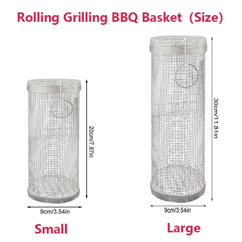 New Rolling Grilling BBQ Basket Stainless Steel Leakproof Mesh Barbecue Rack Outdoor Picnic Camping Simple Cylindrical BBQ Grill