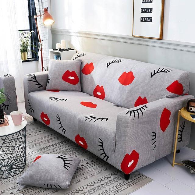 Red Lips Eyelashes Stretch Sofa Cover - ART DECO - 