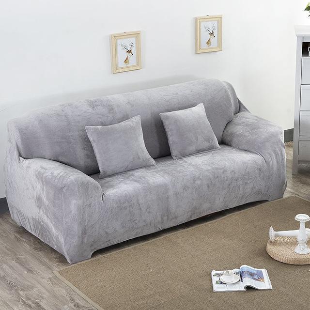 Solid Color Plush Thicken Elastic Sofa Cover Universal Sectional Slipcover 1/2/3/4 Seater - 