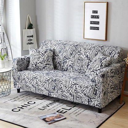 White Dark Grey French Pattern Stretch Sofa Cover - 